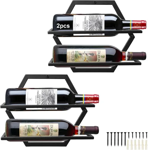 Miniatura 8 de Estante para botellas de vino montado en la pared, organizador de exhibición de vino colgante de metal negro, estantes de vino tinto