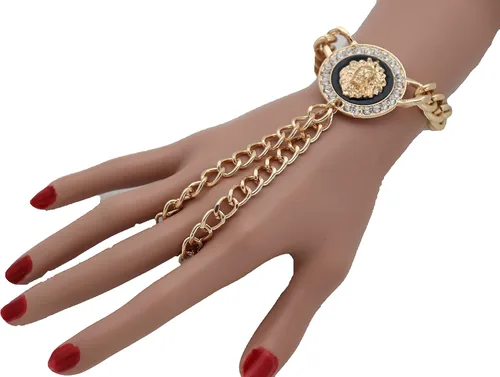 Miniatura 9 de Pulsera de cadena de mano para mujer, diseño de león, anillos de esclavo, metal dorado, Metal