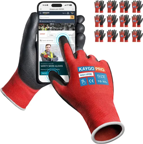 Miniatura 39 de KAYGO KG11PB - Guantes de seguridad con revestimiento delgado de poliuretano, tejido sin costuras, agarre suave en palma y dedos, para trabajo Verde