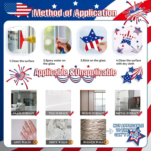 Miniatura 7 de Decoraciones patrióticas para ventanas del 4 de julio, 9 hojas de calcomanías de ventana de bandera estadounidense para ventanas de vidrio