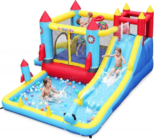 Casa inflable de rebote con tobogán acuático, 12 en 1, tobogán acuático inflable con piscina de salpicaduras, aro de baloncesto, pistola de agua,