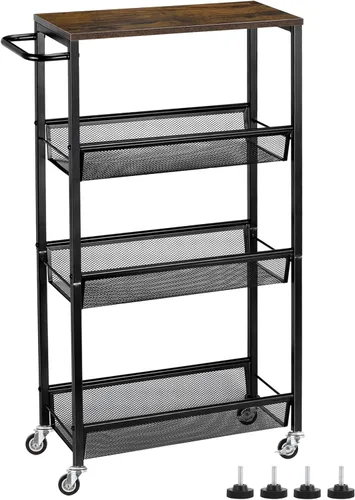 MOOACE Carrito de almacenamiento delgado, estantería de cocina rodante de 4 niveles sobre ruedas, carrito estrecho móvil con mesa de madera para