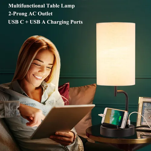 Miniatura 4 de Lámpara de mesa USB con control táctil Dreamholder, lámpara de noche mejorada de 3 vías regulable con puertos de carga USB C & A y tomacorriente AC