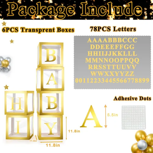 Miniatura 2 de Cajas de bebé con letras, 6 cajas de globos transparentes con 78 letras y números, cajas transparentes con nombres para baby shower, cumpleaños