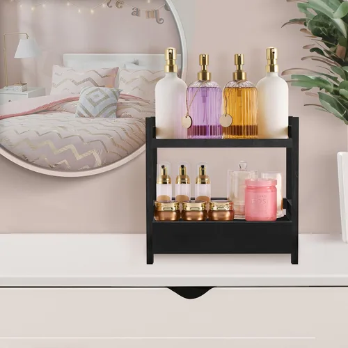 Miniatura 6 de Sorbus Organizador de encimera de baño de bambú, estante de 2 niveles con cajón oculto para tocador, estación matcha, organizador de fregadero