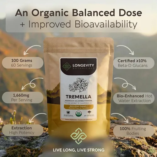 Miniatura 4 de Longevity Botanicals Extracto de suplemento orgánico de hongos Tremella en polvo 3.53 oz Cuerpo fructífero Fuciformis de hongos de nieve ≥10%
