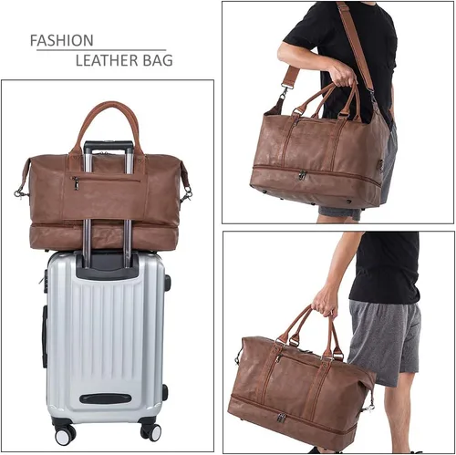 Miniatura 6 de Overnight - Bolsa de viaje de lona de cuero de gran tamaño para fines de semana bolsa de transporte grande para hombres o mujeres Marrón Clásico