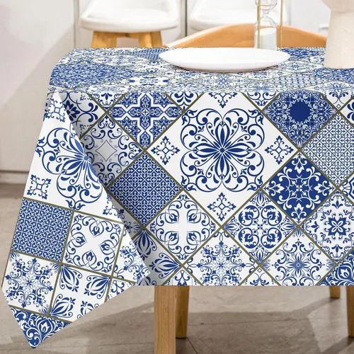 Miniatura 2 de AnyDesign Mantel de mosaico azul y blanco de 60 x 104 pulgadas, rectangular, moderno, para el hogar, cocina, comedor, suministros de decoración
