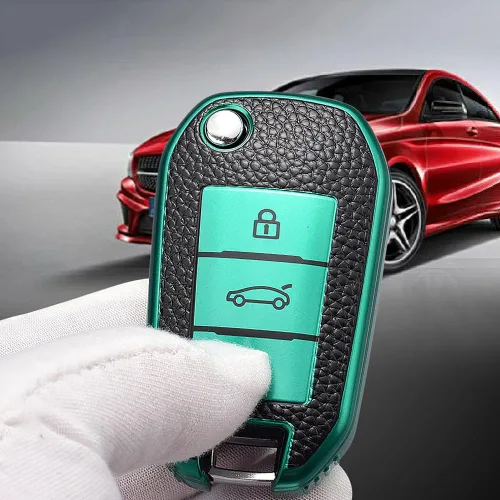 Miniatura 6 de SANRILY Funda de cuero con textura para llavero Peugeot 208 301 308 508 2008 3008 protección completa sin llave con llaveros, color verde