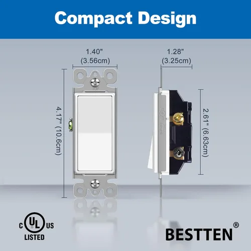 Miniatura 6 de BESTTEN Paquete de 10 interruptores de luz decorativa de 3 vías, 15 A, 120/277 V, un solo polo o tres vías, interruptor de pared de paleta