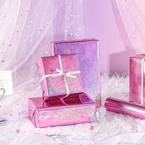 Miniatura 2 de LeZakaa Papel de Regalo Holográfico Rosa, Papel de Aluminio Metálico con Brillo y Diseño de Estrellas para Navidad, Día de la Madre, Graduación
