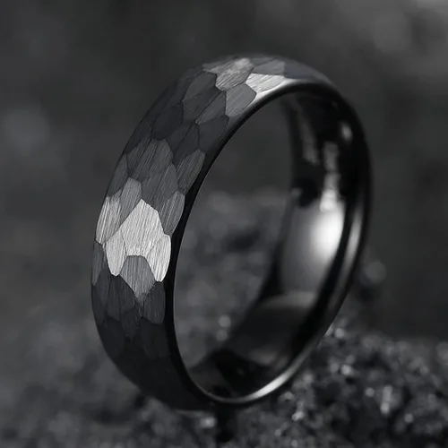 Miniatura 2 de King Will Anillos de tungsteno martillado de 0.315 pulgadas para hombres y mujeres abovedados negroplata y oro rosa cepillado anillo de boda