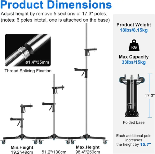 Miniatura 2 de Selens Soporte de luz resistente de 98.4"/250cm con 2 empuñaduras de pistola, postes desmontables, ruedas giratorias de 360°, adaptador de tornillo