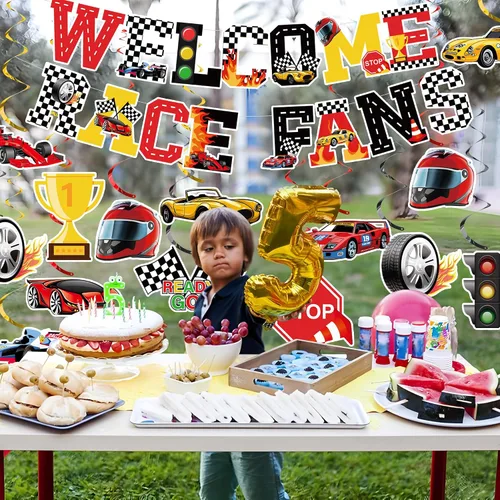 Miniatura 5 de Kit de 26 piezas de decoración de fiesta de coches de carreras, pancarta de bienvenida para fanáticos de las carreras y serpentinas de techo
