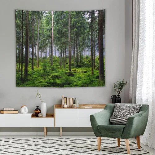 Tapiz de bosque con árbol verde natural, vintage, paisaje, techo, retro, para dormitorio, estético, hermoso, tapiz de pared, telón de fondo para