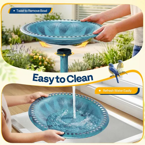 Miniatura 5 de VIVOHOME baño para pájaros, de polirresina, de 28 pulgadas de alto, antiguo, para exteriores, para el jardín, con base con flores, azul