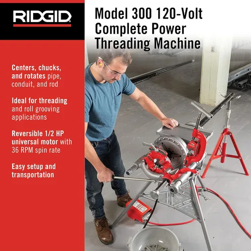 Miniatura 3 de RIDGID 15682 Modelo 300 Power Drive Complete, máquina roscadora de tubos de 38 RPM y llave de tubo recta de aluminio de 1/2 pulgada a 3/4 pulgadas