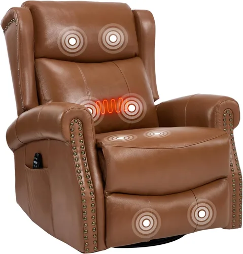Miniatura 10 de PELUMY Silla reclinable giratoria de cuero transpirable para adultos, balancín giratorio de 360° con masaje térmico y vibratorio, silla de descanso