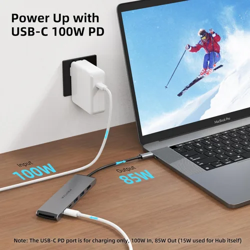 Miniatura 4 de Hub USB C, WALNEW 7 en 1, estación de acoplamiento USB-C con HDMI 4K, 100 W PD, 3 puertos de datos de 5 Gbps (1 USBC y 2 USB 3.0), lector de Gris