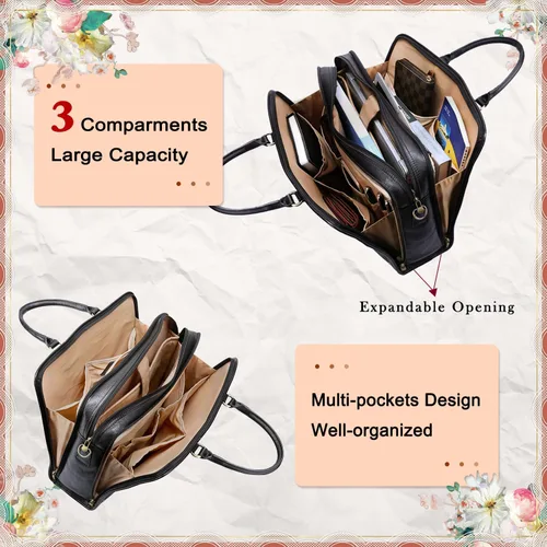 Miniatura 7 de Banuce Maletín de cuero italiano de granos completos genuinos para mujeres, bolsa de trabajo para computadora portátil de 15.6 pulgadas, color negro