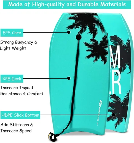Miniatura 3 de Goplus Tabla de cuerpo ligera de 41/37/33 pulgadas para playa, tabla de surf con núcleo EPS, cubierta XPE, parte inferior lisa de HDPE, correa