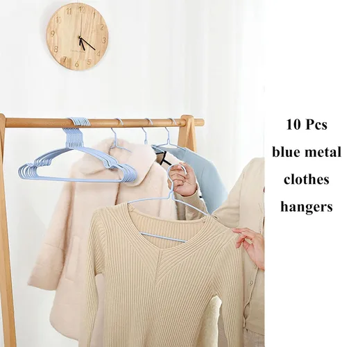Miniatura 6 de Perchas para ropa de alambre azul cielo, paquete de 10, resistentes, ahorran espacio, perchas antideslizantes para trajes, camisas, vestidos
