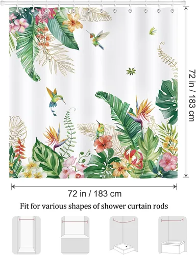 Miniatura 6 de Bonhause Cortina de ducha de colibríes, hojas de palmera tropicales verdes, decoración de baño, 72 x 72 pulgadas, tela de poliéster impermeable
