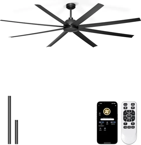 Miniatura 8 de Ventilador de techo de 65 pulgadas sin luz - Ventilador de techo negro con control remoto y APP, motor CC reversible silencioso, 6 aspas