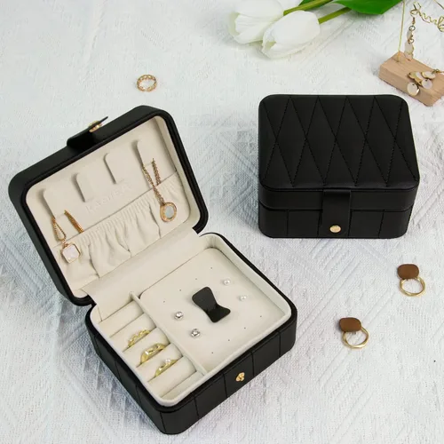 Miniatura 7 de KAMIER Organizador de viaje de joyería cajas de joyería portátiles de cuero acolchado con diamantes para mujeres y niñas organizador pequeño