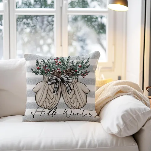 Miniatura 5 de Hello Winter Mitten - Funda de almohada decorativa gris de 16 x 16 pulgadas, guante, bayas rojas, rayas grises, porche, decoración del hogar al aire