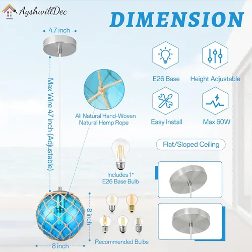 Miniatura 4 de Lámpara Colgante Azul Lámpara Colgante Costera Iluminación Colgante Náutica Iluminación de Casa de Playa Accesorios de Iluminación de Océano Lámpara