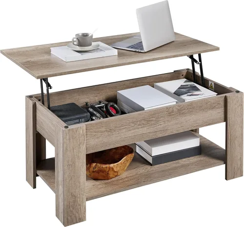 Miniatura 12 de Yaheetech Mesa de café de madera, mesa de centro con estante de almacenamiento oculto grande, mesa de comedor con superficie elevada para sala