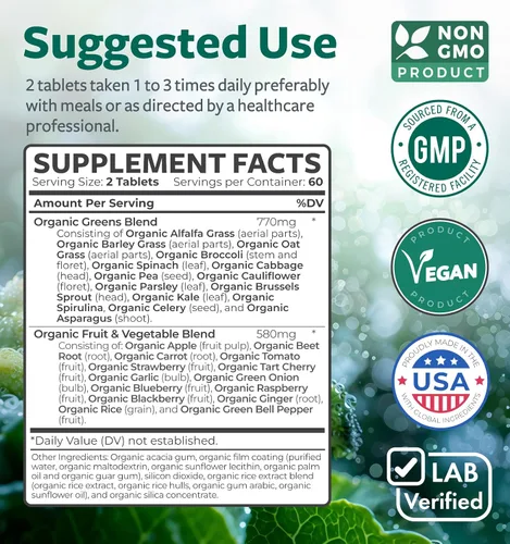 Miniatura 5 de Suplemento orgánico USDA Super Greens – Suplemento orgánico de frutas y verduras para adultos con 28 complejos de superalimentos con raíces