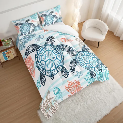 Miniatura 3 de HOSIMA Juego de edredón de tortuga marina, juego de edredón con temática de playa costera tamaño Queen para niños, adolescentes y niñas, decoración
