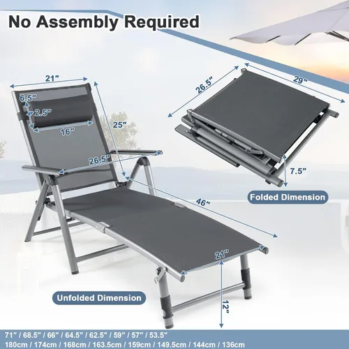 Miniatura 3 de HAPPYGRILL Sillón de aluminio para patio con respaldo ajustable de 8 posiciones, reposapiés de 2 posiciones, cómodo reposacabezas, silla reclinable