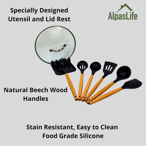 Miniatura 3 de Juego completo de utensilios de cocina – Utensilios de silicona y madera, soporte para cucharas, soporte para utensilios, alfombrillas