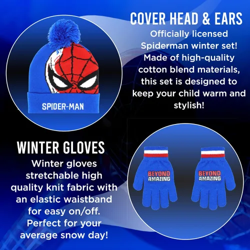 Miniatura 2 de Marvel Spider-Man - Sombrero de invierno y guantes de nieve para niños y niños, juego de 2 piezas, gorro con pompones con guantes cálidos