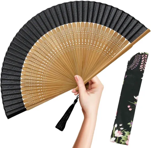 Miniatura 10 de OMyTea abanico plegable de mano para mujer - abanico de bambú y seda vintage chino/japonés plegable - para sofocos, iglesia, EDM, festival