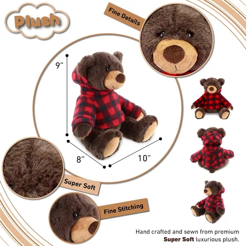 Miniatura 3 de DolliBu Oso marrón de felpa con capucha a cuadros rojos, oso suave y abrazable, adorable peluche de oso marrón del zoológico, bonito regalo
