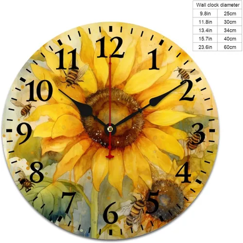 Miniatura 2 de Relojes de pared de 16 pulgadas, girasol con abejas y hojas, movimiento de cuarzo decorativo de madera, número arábigo, mariposa, girasol, reloj