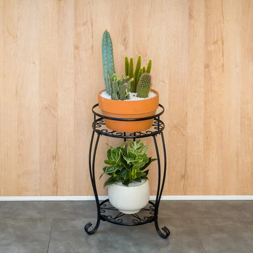 Miniatura 3 de FaithLand Soporte para Plantas, Soporte de Maceta de Metal Resistente para Interiores y Exteriores, Estante de Soporte Redondo de 2 Niveles, Estante