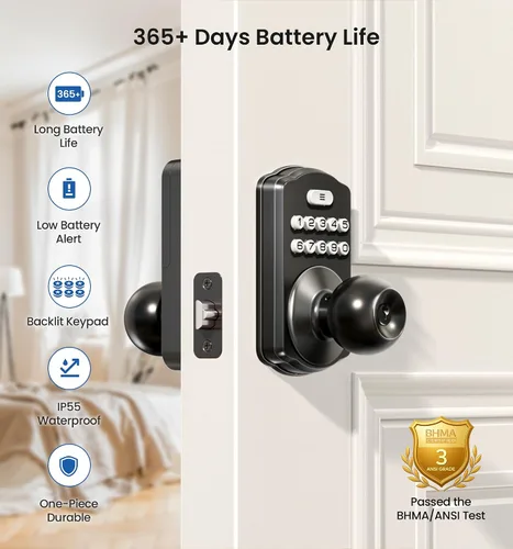 Miniatura 3 de Veise KS03 - Cerradura de perilla de puerta con teclado, cerradura digital de entrada sin llave con asa, perilla inteligente electrónica para puerta