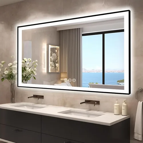 Miniatura 42 de EchosLife Espejos de baño LED de 20 x 28 pulgadas para pared, marco de aluminio negro (frontal y retroiluminado), espejo de tocador antivaho