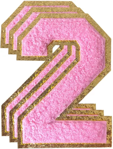 Miniatura 203 de 3 parches de números de chenilla negra, tamaño grande de 4-1/2" parches de números para planchar, parches universitarios para ropa, 8" Borde oro rosa