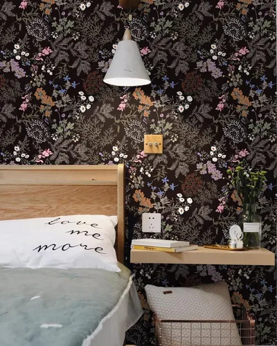 Miniatura 6 de Papel Tapiz de Despegar y Pegar Papel Tapiz Floral Negro Papel de Contacto de Hojas Florales Oscuras para Gabinete Vintage Autoadhesivo Removible