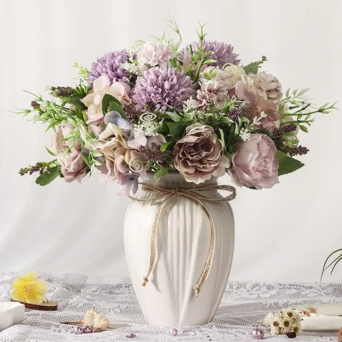 Miniatura 9 de Flores artificiales de peonías en jarrón, ramo de flores de peonía de seda de hortensias falsas con florero, arreglo de flores sintéticas, Azul