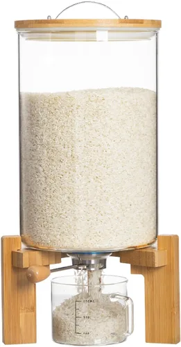 Miniatura 8 de HBlife Dispensador de arroz de vidrio de 5 a 7 libras con soporte de madera, contenedor de harina y cereales con taza medidora de vidrio, despensa