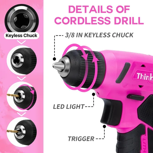 Miniatura 4 de Juego de taladro inalámbrico rosa de 8V, kit de herramientas de taladro Pink Power de 64 piezas para mujeres, juego de destornillador eléctrico