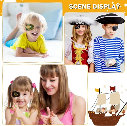 Miniatura 5 de Panelee Parches adhesivos para los ojos para niños, parche para ojos de pirata de Halloween, material transpirable, bloqueo de luz, algodón, diseños