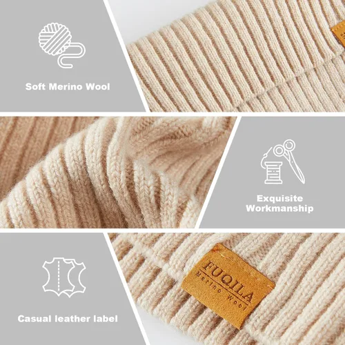 Miniatura 4 de FUQILA Gorro de punto 100% lana merina, unisex, cálido, suave, transpirable y acogedor, elástico